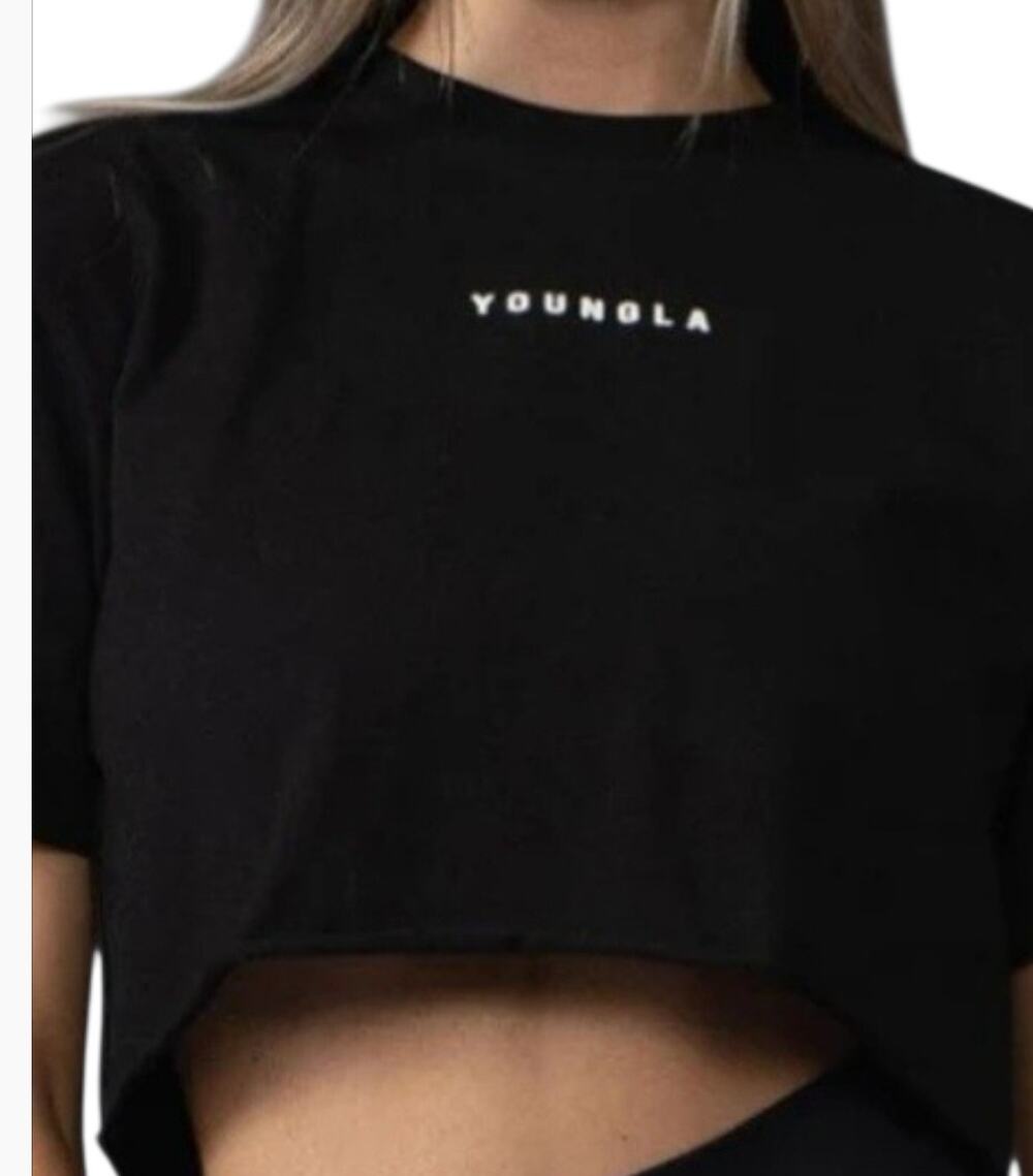 YoungLA MMXIV Women Black Short Sleeve Gym T-Shirt Raw Cut Hem Chest Logo Size M